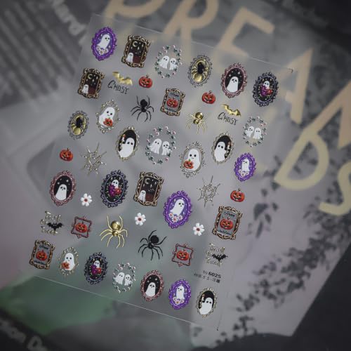 1 Sheet Halloween Nail Stickers 5D Self-Adhesive Embossed Ghost Nail Decals Vintage Ornate Frame Gilded Ghost Nail Designs Halloween Spider Floral Nail Supplies for Women DIY Manicure Decoration - color: Mirror Ghost