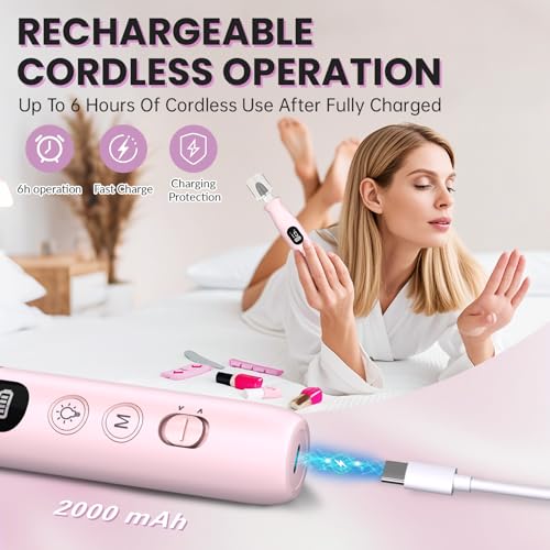 Electric Nail Drill Cordless 2000 mAh Rechargeable Portable Nail File Drill - color: Pink