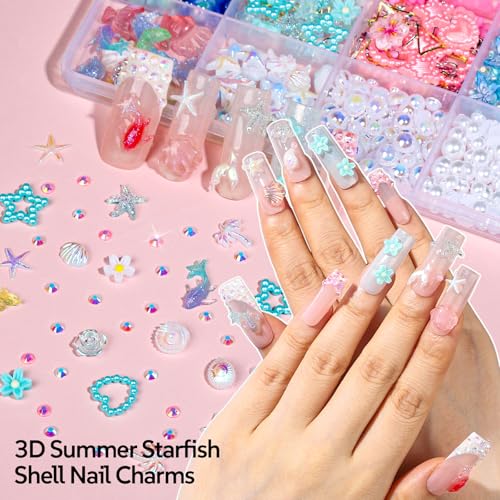FAMDAMEI Summer Nail Charms, 24 Grids Bedazzling Kit with Rhinestones Ocean Coastal Nail Charms and Gems, 3D Charms Kit with Mermaid Starfish Shell, Gold Pearls Bedazzling Gems for Crafts Nail Art - color: gold pearls shells/white AB pearls starfish/blue