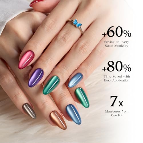 Beetles X Press Cat Eye Nails - 7 Colors Medium Almond Press On Nails - color: 4 - Midnight CatEye - M