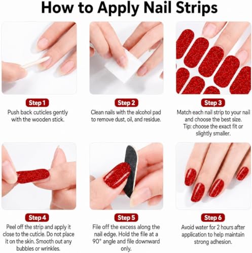 Red Glitter Nail Stickers, 32 Nail Wraps, No UV Lamp, Zero Dry Time - color: Red Glitter