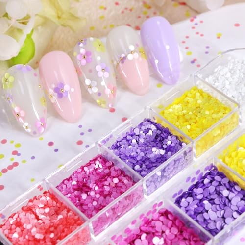 1 Box 6 Color Holographic Round Nail Glitter Laser Circle Nail Sequins 3D Pink Nail Flakes Sparkly Glitter Flakes Shiny Nail Art Glitter Valentine's Day Nail Sequins Glitter for Nails Art 12 Grids - color: YHN15