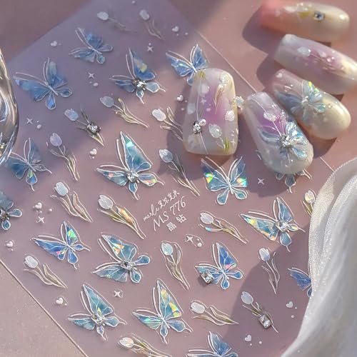 5D Embossed Blue Butterfly Nail Art Stickers with Silver Glitter Rhinestones Nail Decals Design Laser Flower Nail Stickers Spring Summer Nail Design Supply Cute Nail Art Supplies for Women Manicure - style: 5D Embossed Nail Stickers-8