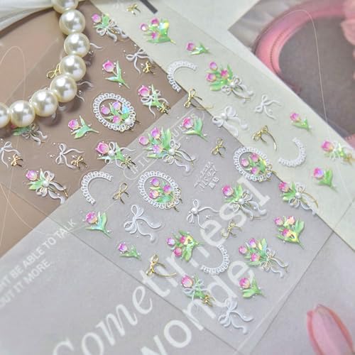 1 Sheet Tulip Nail Art Stickers 5D Embossed White Bow Nail Decals Tulips Floral Nail Art Stickers Decals Spring Summer Flower Nail Supplies Pearl Bow Nail Design Decoration Accessories for Women - style: pearl bow