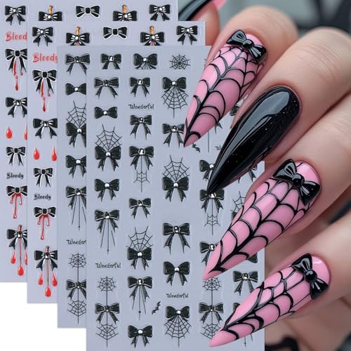 4 Sheets Embossed Halloween Nail Stickers for Nail Art 5D Self-Adhesive Black Bow Spider Web Nail Art Stickers Bow Blood Drop Bats Nail Decals Nails Design Sticker for Women DIY Festival Nail Decor - style: black bow spider web