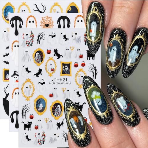 Halloween Nail Art Stickers Cute Ghost Black Cat Gold Nail Decals, 6 Sheets - color: Multicolor-05