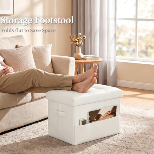 Ottoman with Storage. Folding Foot Stool with Thick Foam Padded Seat, White - color: White, size: 17"D x 13"W x 13"H