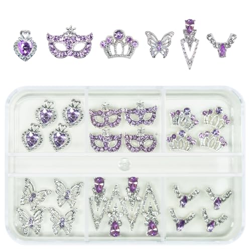 qiipii 24pcs Purple Luxury Nail Charms Heart Rhinestones Charms 3D Big Crown Butterfly Nail Gems Crystals Diamonds Jewelry Stones Alloy Studs Supplies Decor for Arylic Nails Face Makeup DIY Crafts - color: Luxury Charms - Purple, size: 1 Box