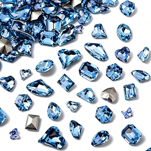 48 Pcs Big Mix Sizes Different Shape Nail Rhinestones 12 Styles 3D Glass Crystals Diamonds Love Distorts Heart Super Shiny Charms Gems Stones DIY Nail Art Decoration Craft Jewelry (Light Blue) - color: Light blue