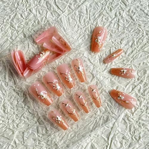 Long Coffin Press on Nail Flower Fake Nails Pink Nude Gradient Press ones with Gold Foil designs Acrylic Stick on Nail Glossy Full Cover Spring Summer Glue on Nails for Women Nail Supplies24pcs - color: style34