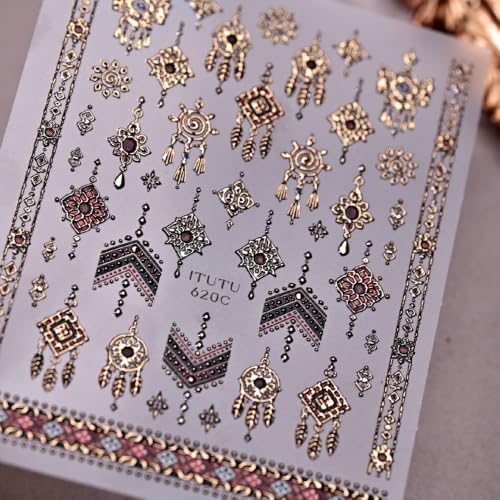 Boho Nail Stickers Gold Black Red Ethnic Tribal Feather Designs - color: Color 32