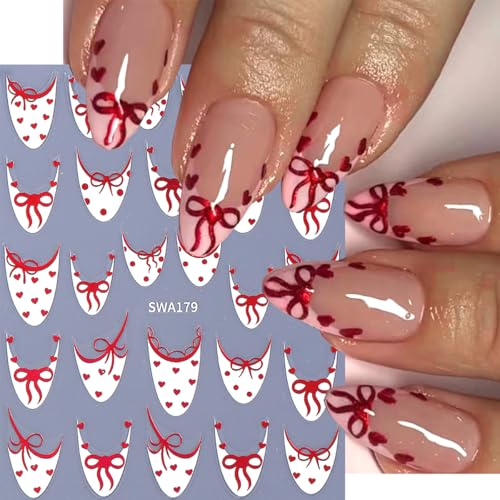 8 Sheets Valentines Nail Stickers for Nail Art 3D Self-Adhesive White French Tip Nail Art Stickers with Cute Bow Love Designs Red Black Heart Nail Decals Nails Supplies for Women Acrylic DIY Manicure - style: French Tip Nail Stickers-1