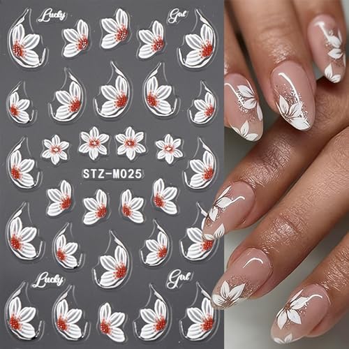 Flower Nail Stickers 5D Emboss Self-Adhesive Stickers White Floral Nail Art Decals with Daisy Lily Design Spring Summer Decals for Women 3 Pcs - color: Daisy and Lily