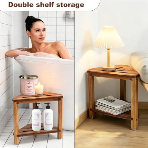 IBosins Corner Shower Stool 14in Small Bench Storage Shelf Natural Finish - color: Natural Finish, size: 14 Inch, style: 2-Tier