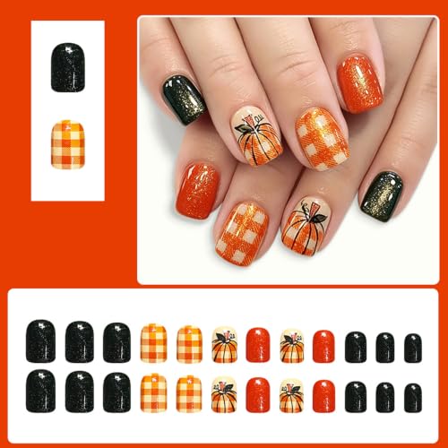 Fall Short Square Press On Nails Orange Green Fake Nail With Pumpkin Design - color: fallnails18