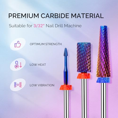 MelodySusie 3Pcs Nail Drill Bits Set, 3/32'' Carbide Tungsten Bits, Super Long 5 in 1, Flat Top Large Barrel and Cuticle Bits, Suitable for Manicure Pedicure Cuticle Gel Acrylic Remover, Purple - size: B Set