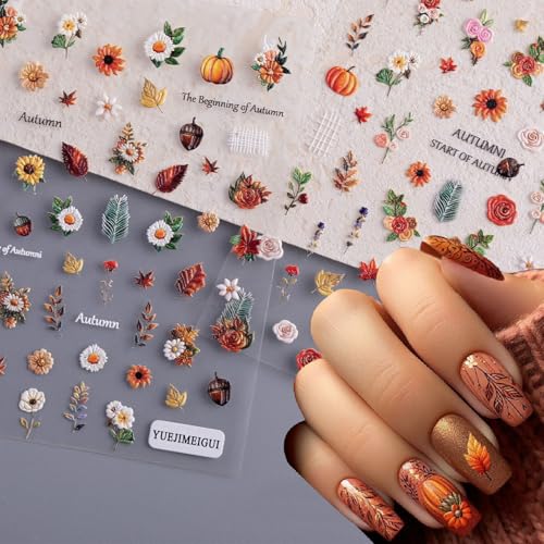 2 Sheets Maple Leaf Nail Art Sticker 5D Embossed Thanksgiving Pumpkin Nail Stickers Pinecone Rose Ginkgo Leaf Design Nail Decals for Women Autumn Manicure Decoration - style: Pumpkin
