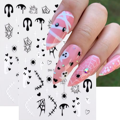 6 Sheets Halloween Nail Art Stickers Nail Decals 3D Self-Adhesive Spider Web Spider Cute Ghost Bat Nail Stickers Design Fall Holiday Salon DIY Nails Decoration Accessories for Women - style: Spooky