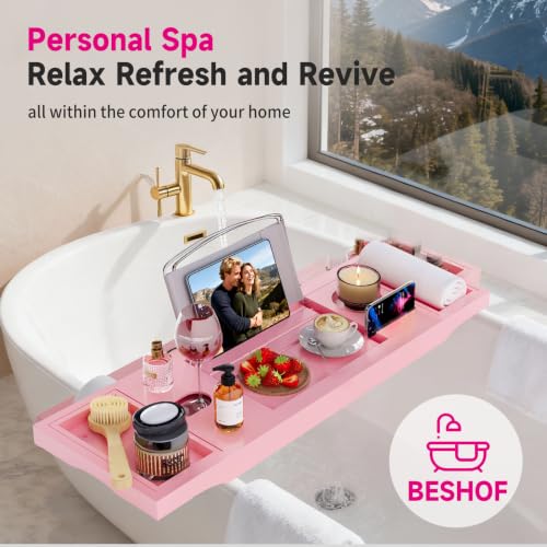 Foldable Bathtub Tray Caddy with Soap Dish Adjustable 29.5-43'' Pink - color: Pink