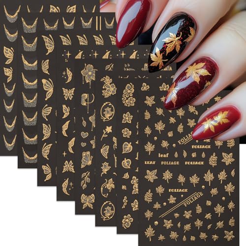 8 Sheets Fall Nail Art Stickers Maple Leaf Nail Decals 3D Self-Adhesive Glitter Gold Flower French Butterfly Nail Design Nail Supplies Thanksgiving Holiday Nail Art Decoration for Women Manicure Tips - style: maple leaf