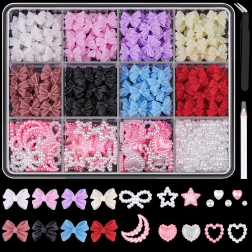 600 Pcs 3D Nail Bow Charms and Flatback Pearls Nail Charms Set 5 - color: Set 5- 8 Colors B Style