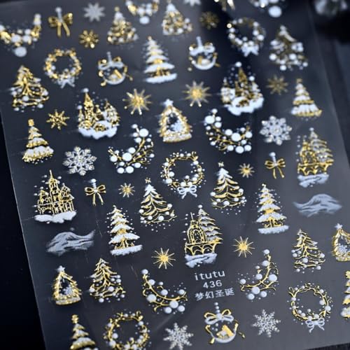 5D Embossed Christmas Nail Art Stickers Self-Adhesive Gold Wreath Xmas Tree Elk Snowflakes Nail Decals for Women Girls Winter Xmas Holiday Manicure DIY Nail Supplies - color: Style-1