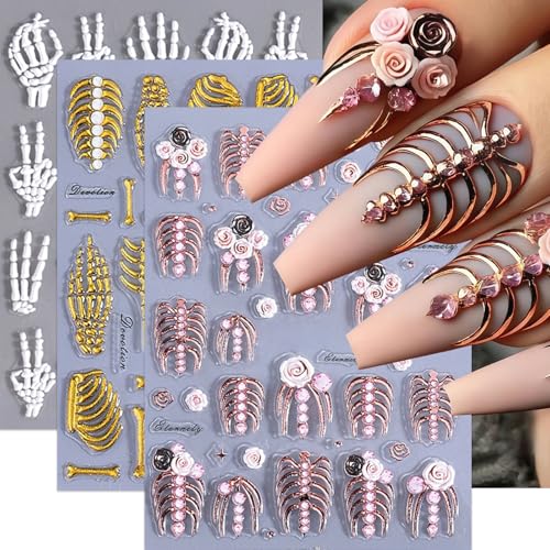 3 Sheets 5D Embossed Skull Nail Stickers for Nail Art Skeleton Nail Decals White Hand Bones Finger Skeleton Halloween Nail Art Supplies Gothic Nail Sticker for Women Halloween Nails Tips Decoration - style: skull