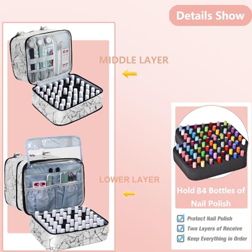 FCQQYWZ Large Nail Polish Organizer Case Hold 84+ Bottles Nail Polish & Nail Lamp, 3 Layers Nail Organizers and Storage for Nail Tech with Divider, Travel Carrying Case for Nail Polish Kit Set(White) - color: White-84Bottles
