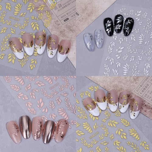 6 Sheets Fall Leaf Nail Stickers 3D Self-Adhesive Leaves Nail Decals Gold Silver Rose Gold Leaf Nail Design Cute Branches Leaves Nail Supplies Fall Winter Nail Accessories for Women DIY Manicure - color: Leaves