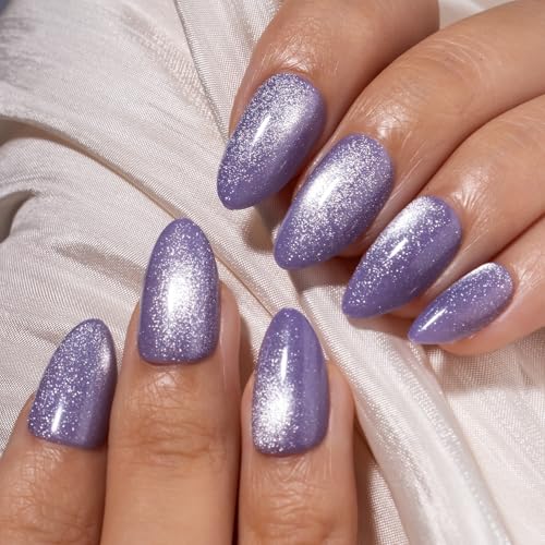 CurvLife Medium Almond Press On Nails, Purple Cat Eye, Soft Gel - color: cat eye