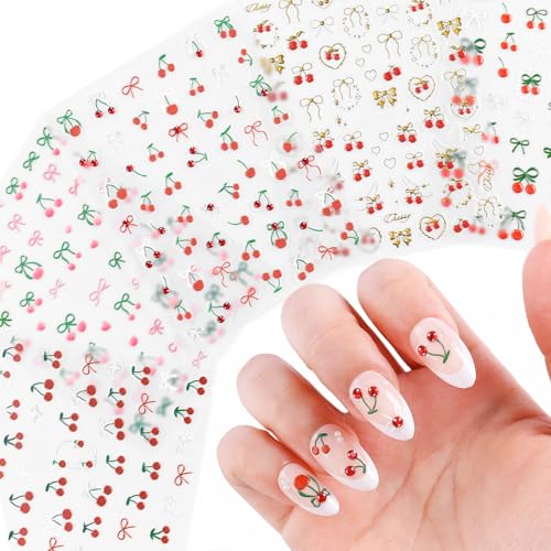 5 Sheets Cherry Nail Stickers 5D Embossed Rhinestone Cherry Bow - color: Cherry Bow