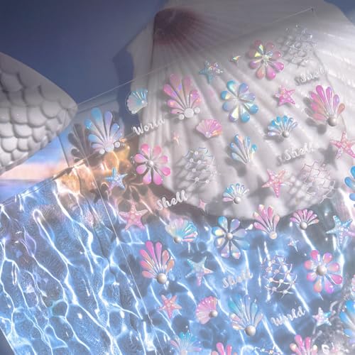 1 Sheet Summer Ocean Nail Sticker 5D Self Adhesive Starfish Nail Decals with Pearl Crystal Diamond Design Shiny Seashell Nail Art Stickers Mermaid Nails Supplies for Women Manicure Decoration DIY - color: Mermaid