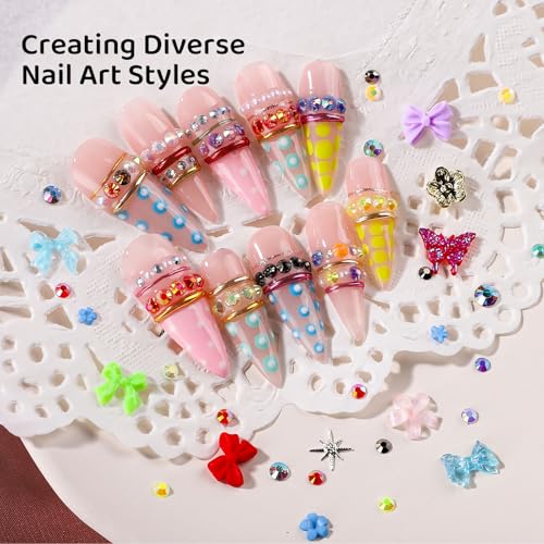 FAMDAMEI 24 Grid Nail Charms, Bedazzling Kit with Multi Shapes Cute Nail Charms and Gems, Colorful Bedazzling Gems Nail Rhinestones Kit, 3D Mermaid Starfish Shell Flower Gold Silver Pearls for DIY - color: blue mermaid starfish/red pink gem/colorful butte