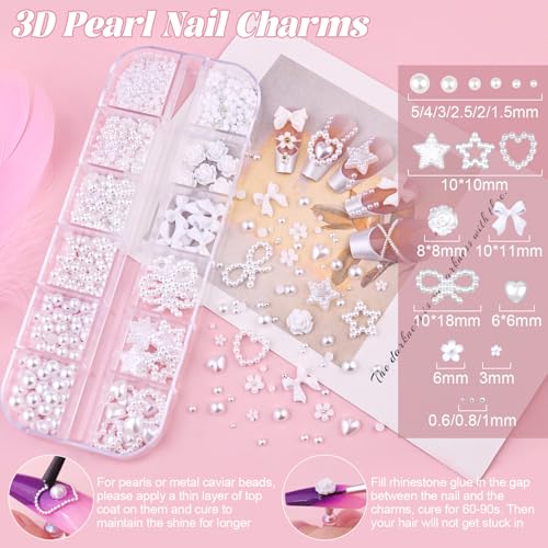 Nail Beads and Flatback White Pearls for Nails 3D Bows Star Nail Charms - color: 03 2 Boxes Nail Art Decos Set 7