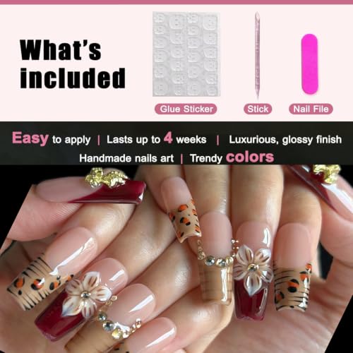Handmade Press On Nails, 10 Pcs Long square Reusable Stick Ons for Women, French 6D Acrylic Fake Nails(L) - color: Golden Bow, size: L