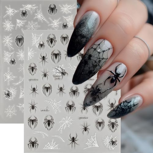 Halloween Spider for Nails Stickers Holiday Nail Decals 3D Self-Adhesive Black and White Spider Web Stickers Halloween Nail Art Sticker for Women Girls DIY Manicure Nails Accessories - style: Spider