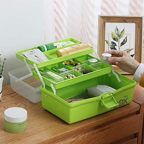Kinsorcai 2PCS 12'' Three-Layer Clear Plastic Storage Box/Tool Box, Multipurpose Organizer and Portable Handled Storage Case for Art Craft and Cosmetic (Green) - color: green, size: 2PCS