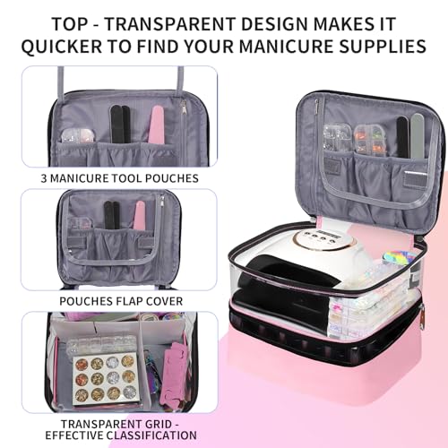 Clear Nail Polish Organizer Double layer Nail Polish Holds 30 Bottles and Nail Lamp, Nail Dryer Case Storage Supplies with Adjustable Dividers, Portable Nail Carrying Bag for Nail Tech (Pink) - color: 4.Pink, size: 1 Count (Pack of 1)