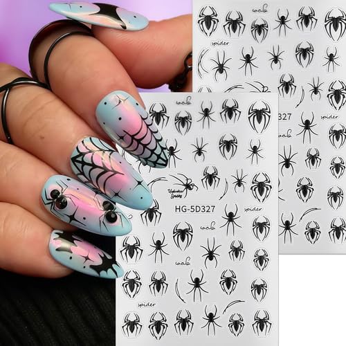 8 Sheets Halloween Nail Art Stickers Spider Nail Decals 3D Self-Adhesive Black and White Spider Web Spiders Nail Sticker Halloween Holiday DIY Salon Manicure Decoration Stickers for Women - style: Cute