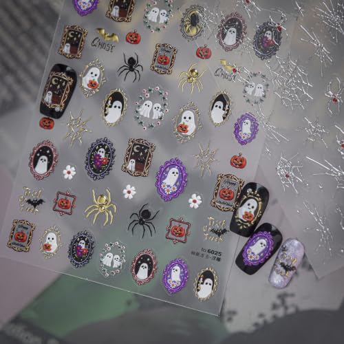 1 Sheet Halloween Nail Stickers 5D Self-Adhesive Embossed Ghost Nail Decals Vintage Ornate Frame Gilded Ghost Nail Designs Halloween Spider Floral Nail Supplies for Women DIY Manicure Decoration - color: Mirror Ghost