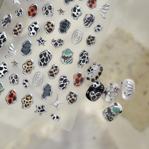 1 Sheet Animal Print Nail Art Stickers with Leopard Snake Cow Prints 5D Embossed Self Adhesive Nails Decals Sliver Edges Design with Star Irregular Shapes Nail Supplies for Women Manicure Decorations - color: Animal Print