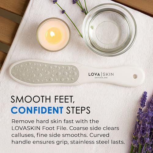 LOVA Skin Professional Foot File | Stainless Steel Foot Scraper and Callus Remover Tool | Double-Sided Pedicure Foot File for Dead Skin and Hard Heel Removal | Durable Hygienic Design - color: White