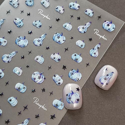 Halloween Nail Stickers for Nail Art Blue Pumpkin Halloween Fingernail Nail Art Stickers Black Stars 5D Embossed Nail Decals 3D Self-Adhesive Nails Supply Manicure Sliders for Nail Decoration - color: Halloween Style12