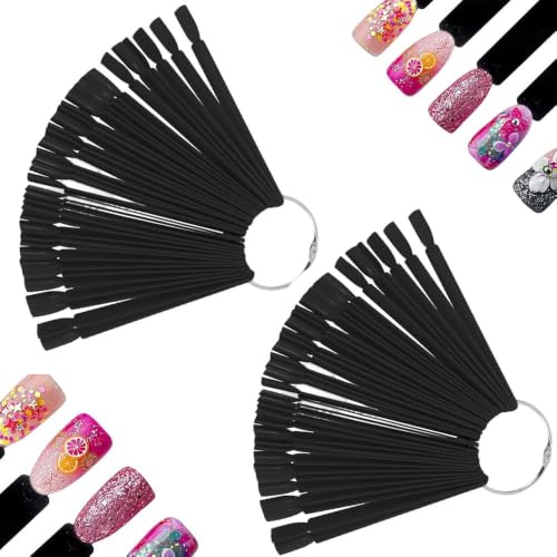 100Pcs Nail Swatch Sticks with Ring, Fan Shape Nail Art Polish Display Tips, False Nail Black Color Display Nail Practice