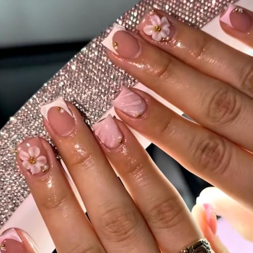Press on Nails Medium Square 3D Flower Water Ripple Design - color: Pink White-18