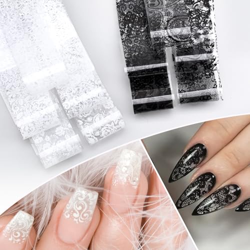 SmallCat 20 Pcs Lace Nails Stickers, 7.87×0.98 Inch, Black White - color: Black, White, (20×2.3cm), Style 2
