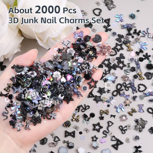 2000Pcs 3D Black Gothic Nail Charms Bulk Y2k Dark Nail Gems for Crafts Set - color: Black