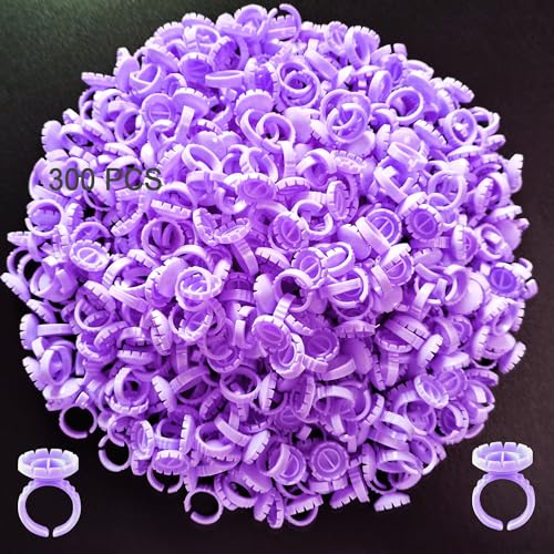 Glue Rings for Eyelash Extension, 300 PCS Lash Extension Glue Ring Eyelash Rings for Glue, Disposable Glue Ring Lashes Eyelash Glue Holder Lash Extension Lash Rings, Lash Fan Blossom Glue Cups, Purple - color: Purple