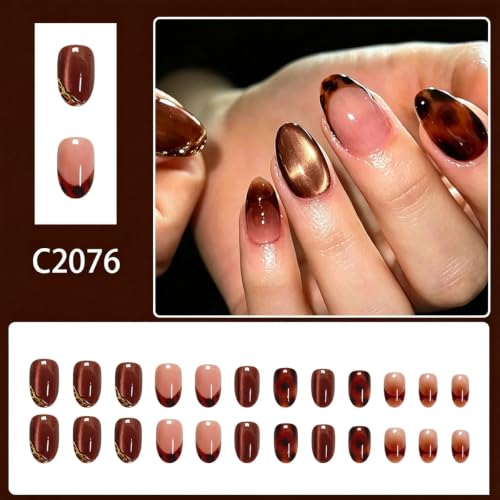 Short Oval Press on Nails for Women, Glossy Brown Fake Nails, 24Pcs - color: Color-28