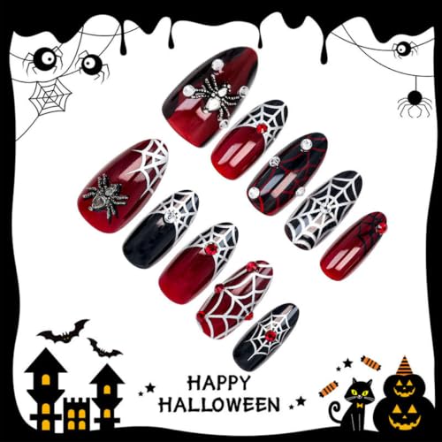 Halloween Press on Nails Medium Almond Gothic Dark Red Fake Nails with 3D Spider & Spider Web Rhinestone Design Spooky Full Cover Glue On Nails Goth Acrylic False Nail for Women Holiday Manicure 30Pcs - color: special Halloween-12